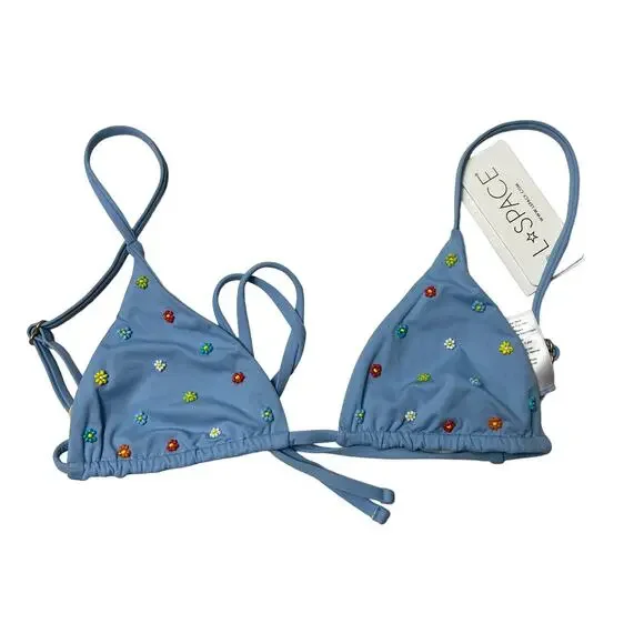 L*SPACE Brittany Bikini Top Beaded Floral Blue Triangle Tie Stretch Size XS NEW - Picture 3 of 6